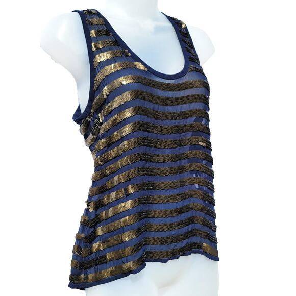 FRENCH CONNECTION Size 2 Navy Sheer Bronze Sequin Cocktail Party Prom Tank Top - Picture 1 of 6